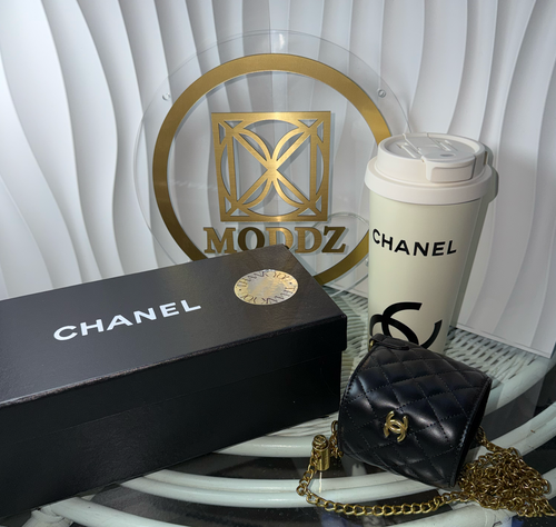 Chanel insulated tumbler cream with CC logo and quilted mini bag, original Chanel box
