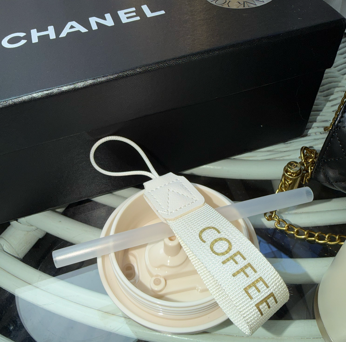 Chanel tumbler lid with embroidered COFFEE strap and straw