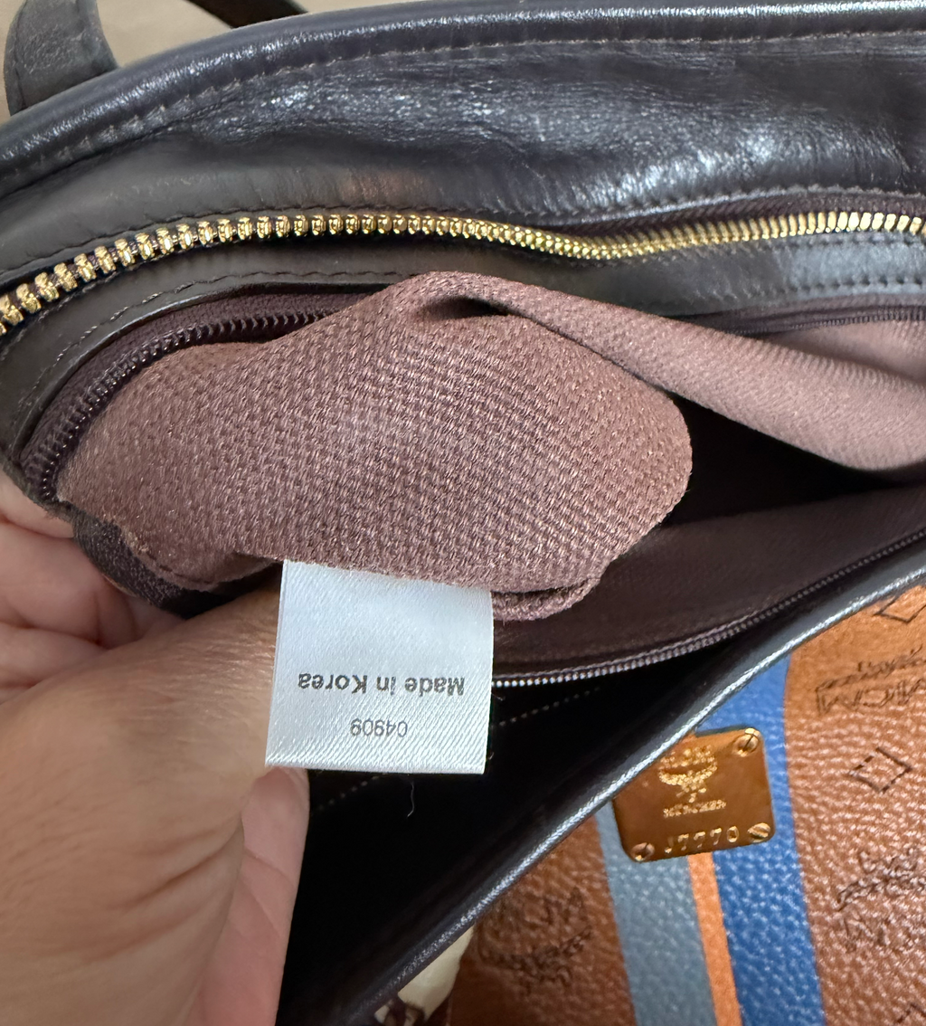 MCM Cognac Visetos Large Tote with Blue Stripe