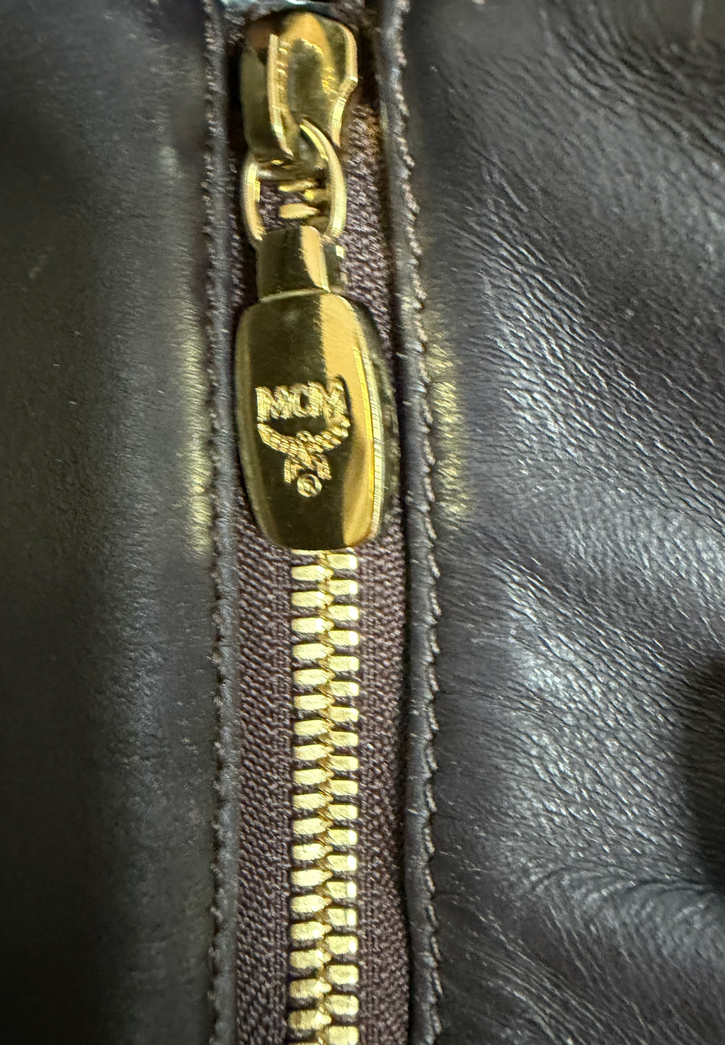 MCM Cognac Visetos Large Tote with Blue Stripe
