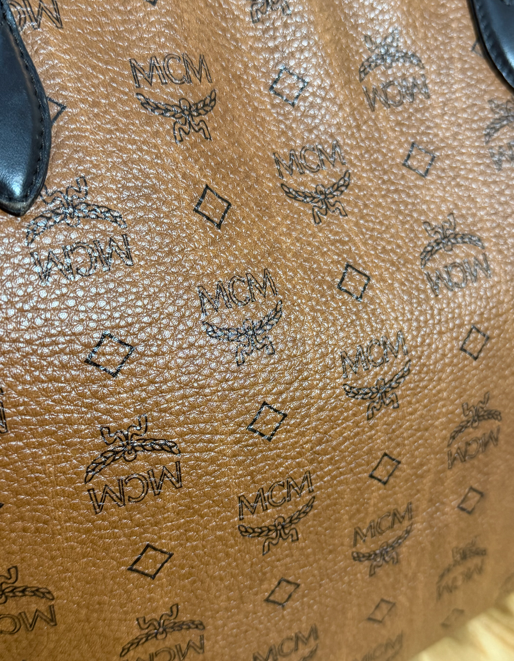 MCM Cognac Visetos Large Tote with Blue Stripe