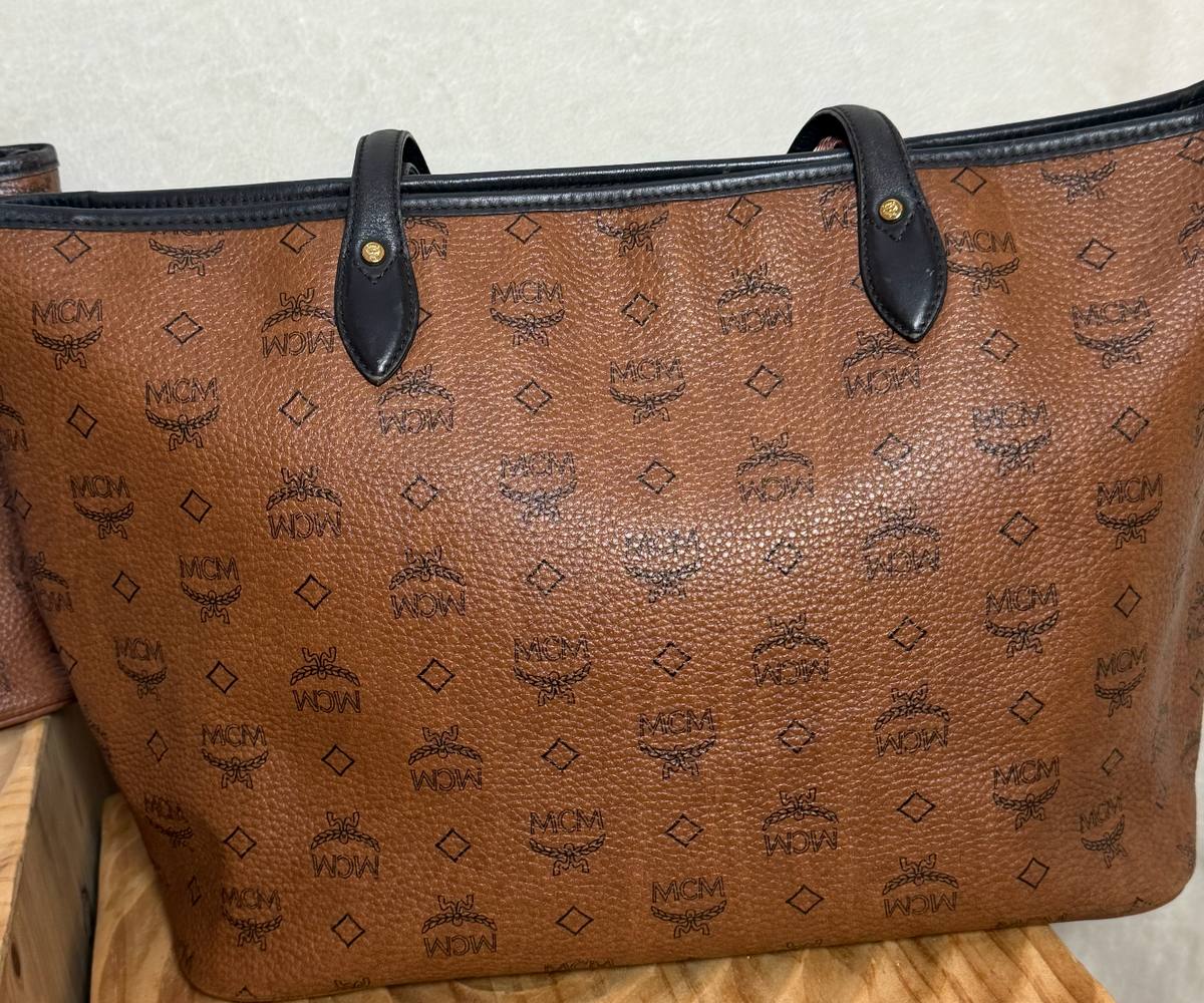 MCM Cognac Visetos Large Tote with Blue Stripe