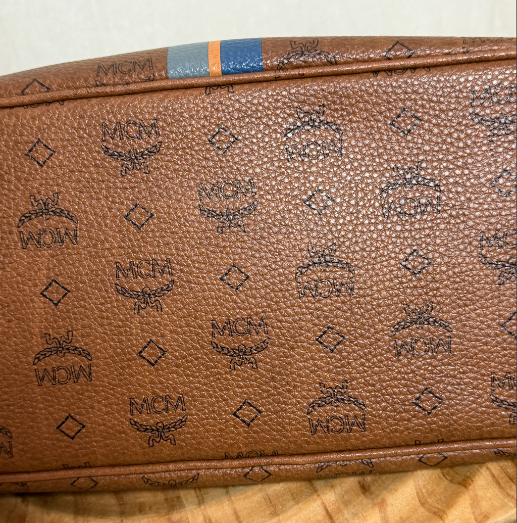 MCM Cognac Visetos Large Tote with Blue Stripe
