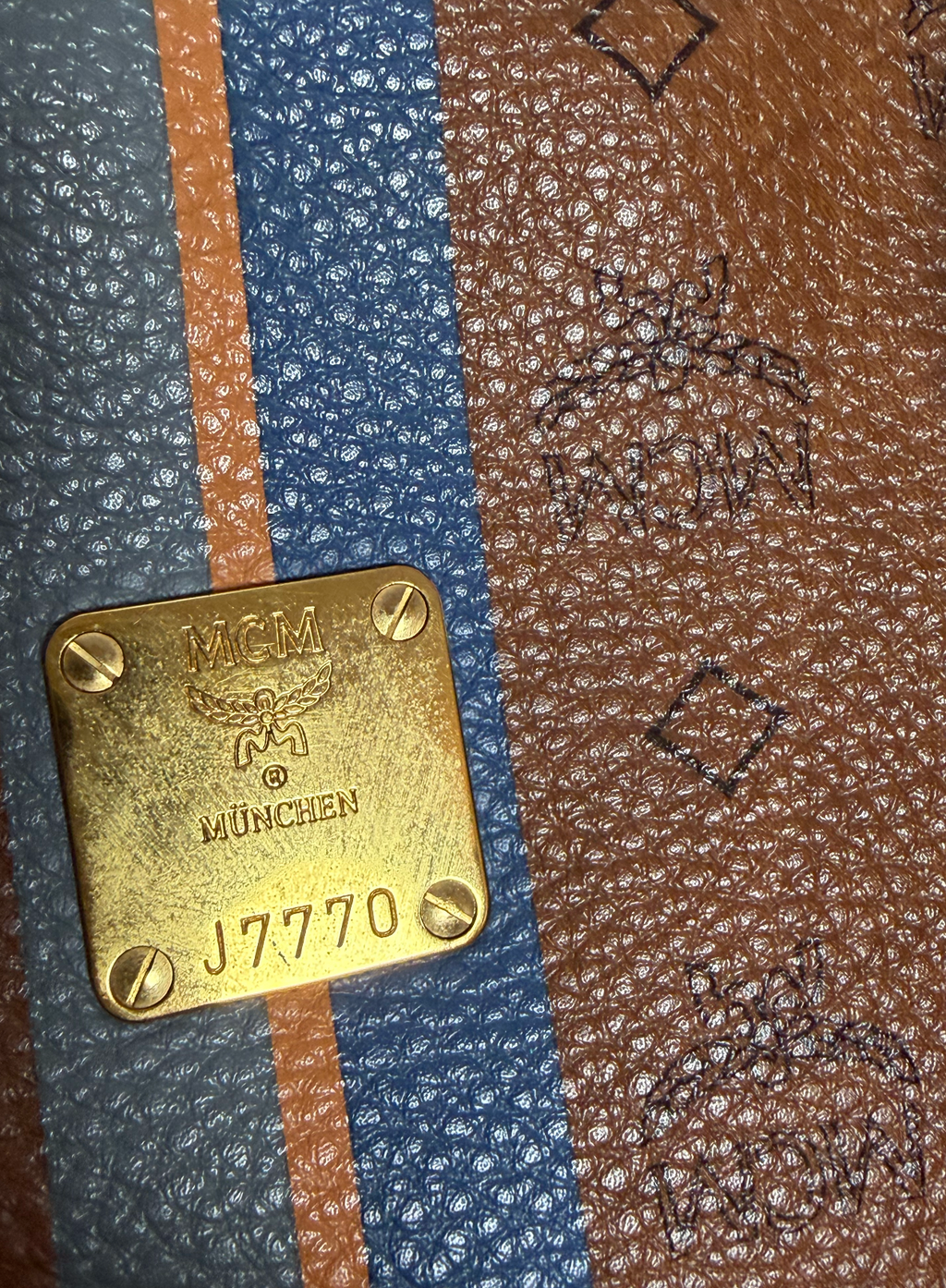 MCM Cognac Visetos Large Tote with Blue Stripe