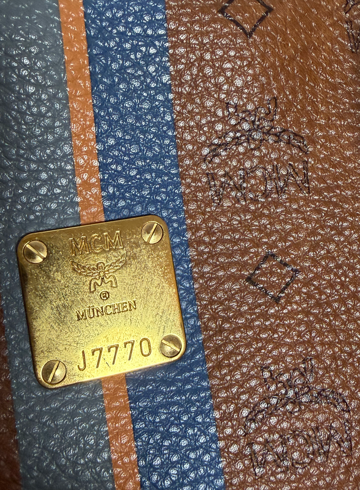 MCM Cognac Visetos Large Tote with Blue Stripe