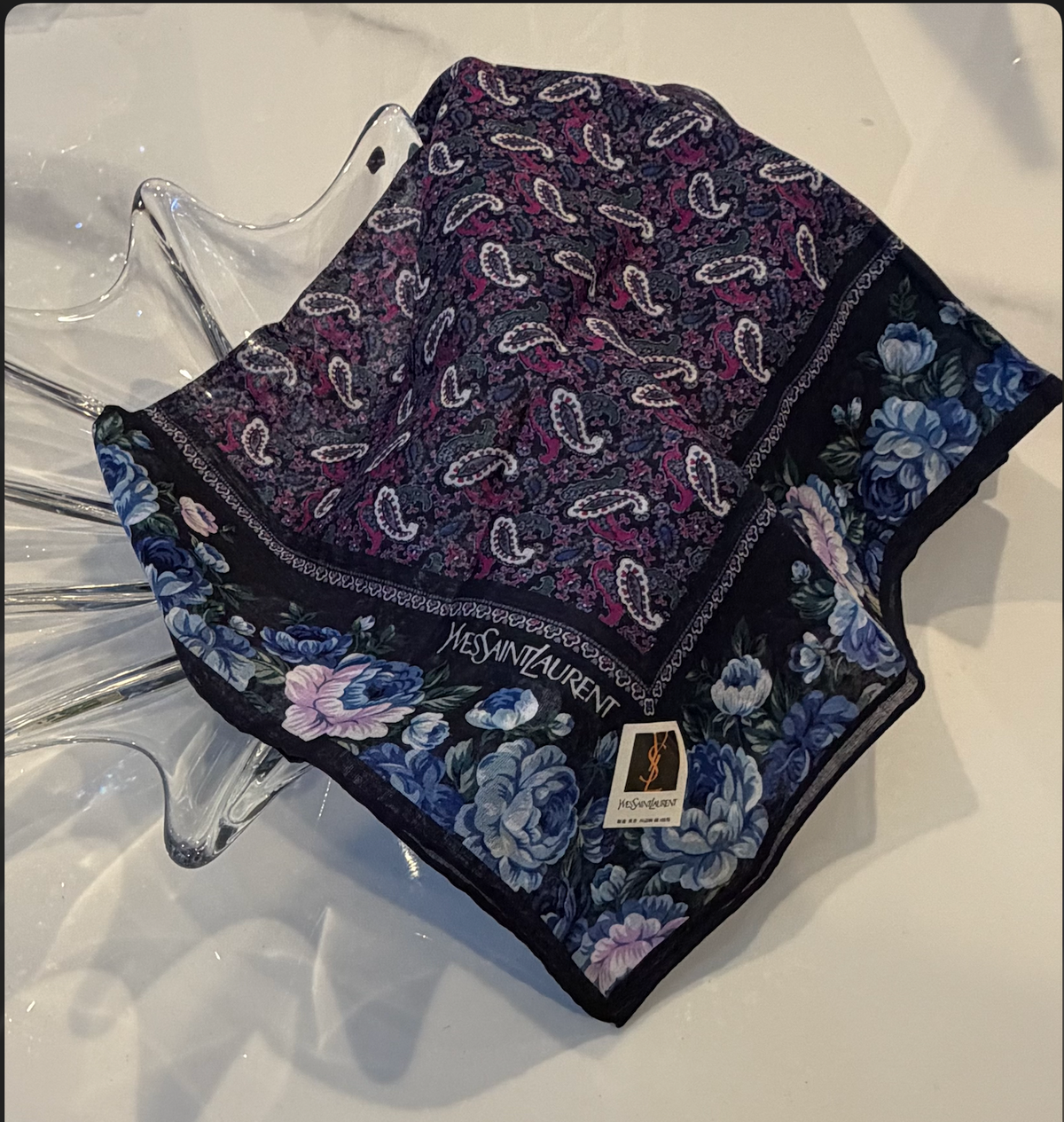 Yves Saint Laurent Vintage Cotton Scarf — Paisley & Peony Floral, Navy & Purple, Made in Japan