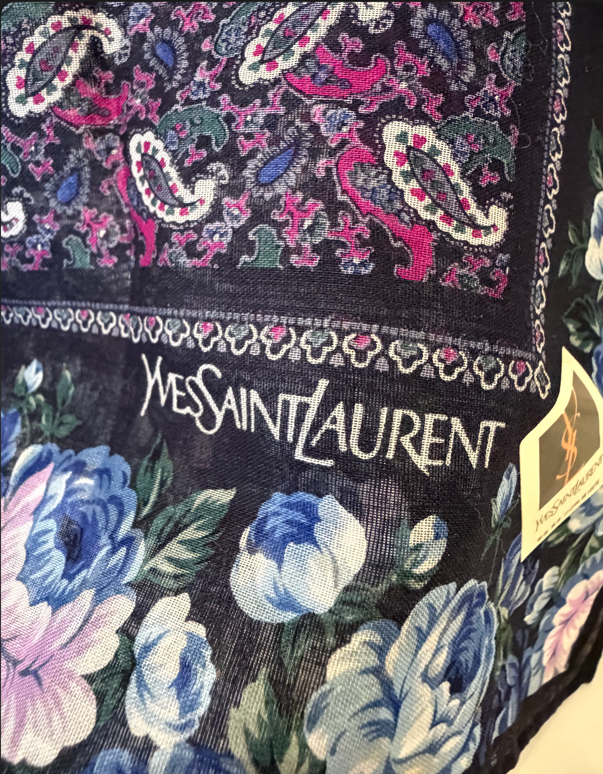 Yves Saint Laurent Vintage Cotton Scarf — Paisley & Peony Floral, Navy & Purple, Made in Japan