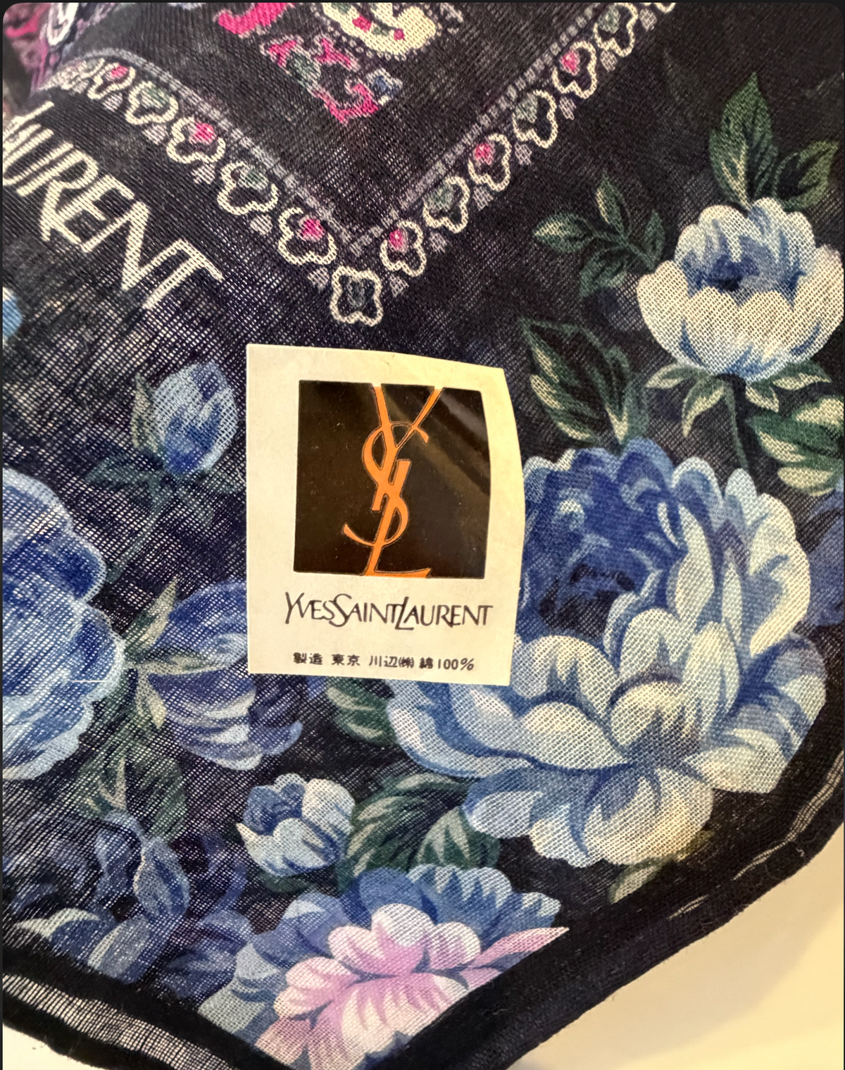 Yves Saint Laurent Vintage Cotton Scarf — Paisley & Peony Floral, Navy & Purple, Made in Japan