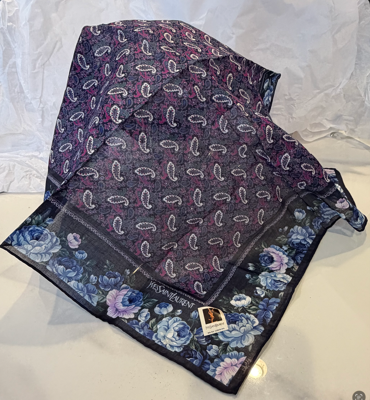 Yves Saint Laurent Vintage Cotton Scarf — Paisley & Peony Floral, Navy & Purple, Made in Japan