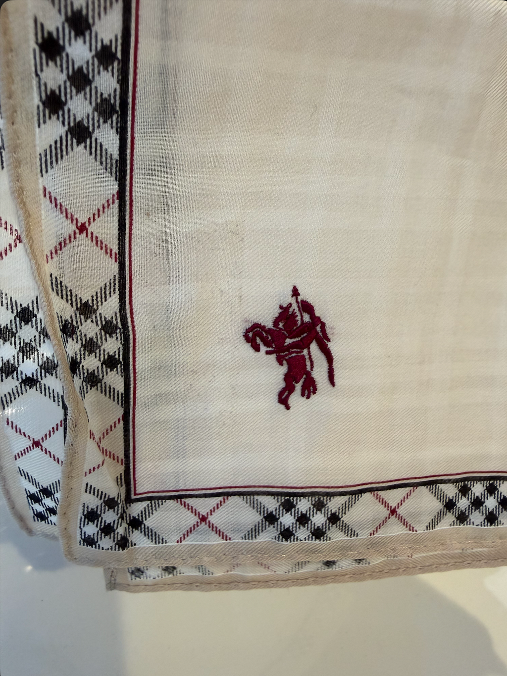 Burberry London 100% Cotton Scarf — Ivory Cream with Nova Check Border & Embroidered Equestrian Knight, 20" x 20"