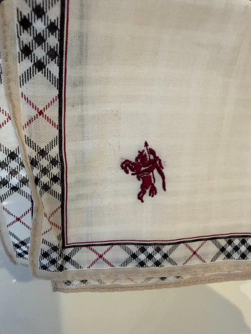 Burberry London 100% Cotton Scarf — Ivory Cream with Nova Check Border & Embroidered Equestrian Knight, 20" x 20"