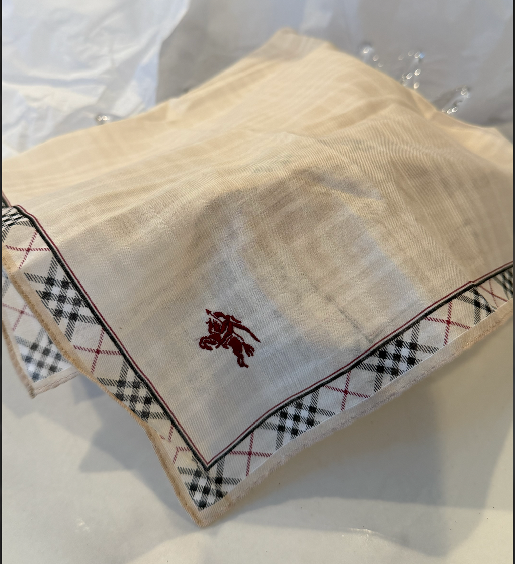 Burberry London 100% Cotton Scarf — Ivory Cream with Nova Check Border & Embroidered Equestrian Knight, 20" x 20"