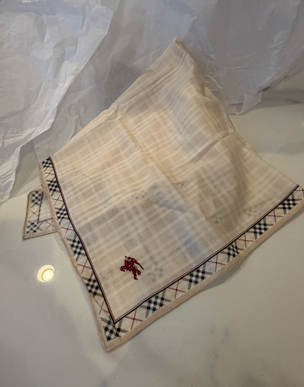 Burberry London 100% Cotton Scarf — Ivory Cream with Nova Check Border & Embroidered Equestrian Knight, 20" x 20"