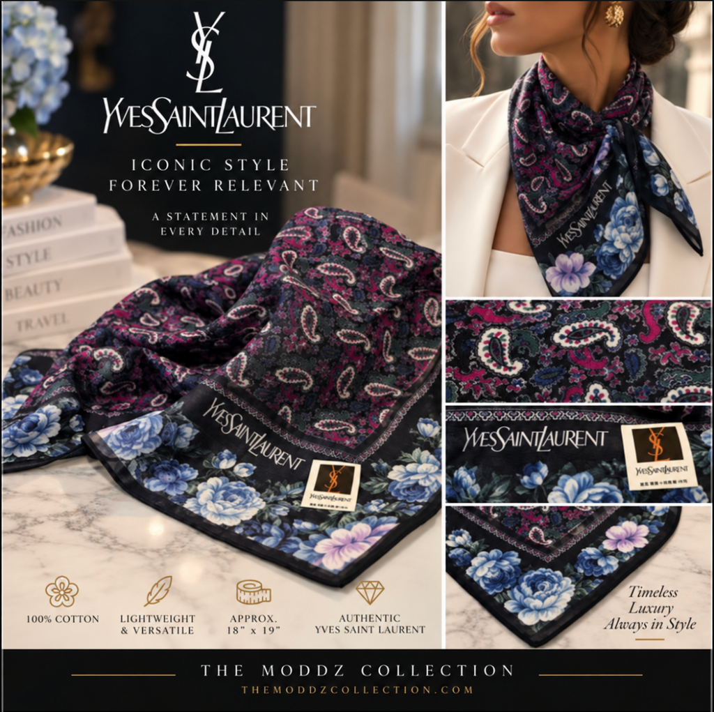 Yves Saint Laurent Vintage Cotton Scarf — Paisley & Peony Floral, Navy & Purple, Made in Japan
