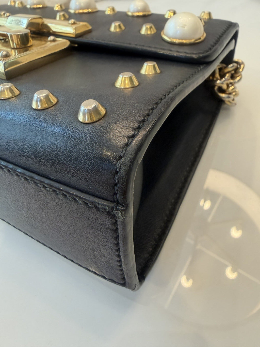 Gucci Pearl Studded Padlock Leather Shoulder Bag Black