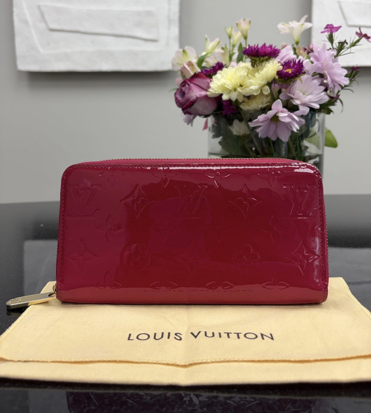 Authentic Louis Vuitton Monogram Vernis Raspberry Magenta Zip Around Wallet