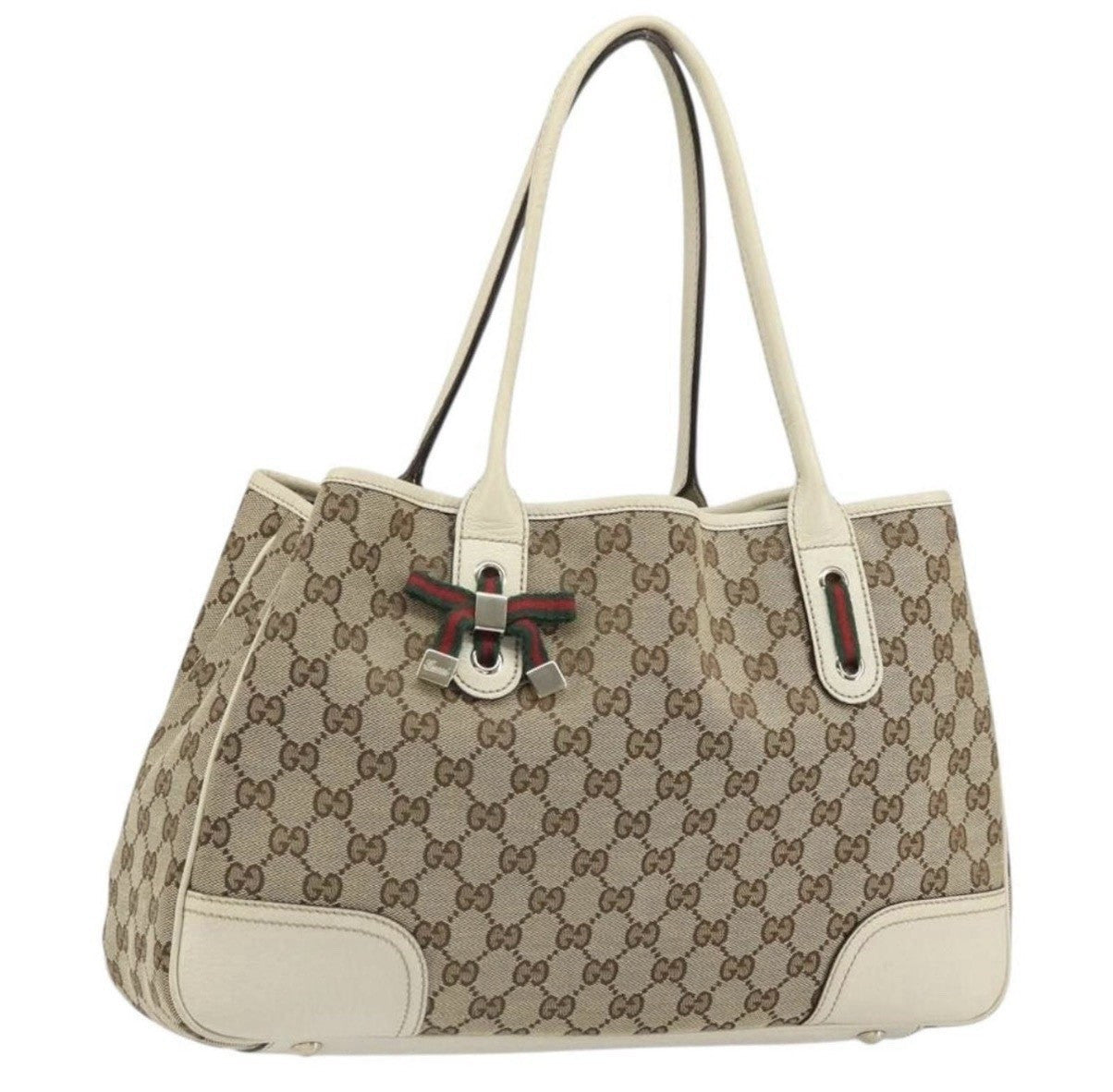 Authentic Gucci GG Canvas Sherry Web Princy Tote Bag Ivory Leather Shoulder Bag