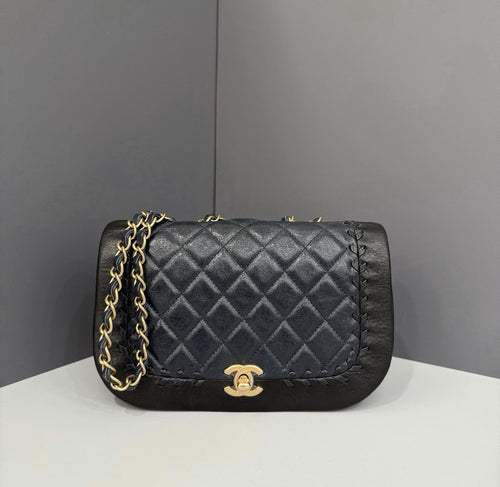 Authentic Chanel Lambskin Blue Black Diamond Quilted Shoulder Bag 2018