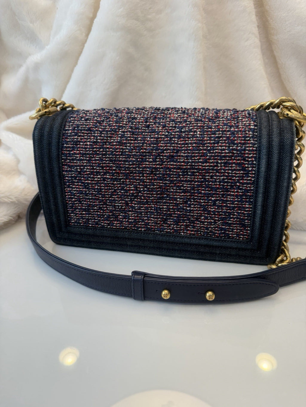 Medium Chanel Denim Quilted Tweed Boy Bag - purple