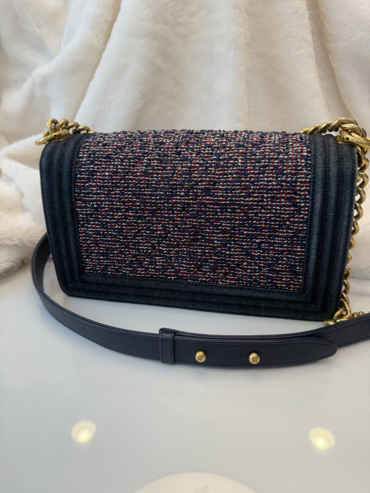 Medium Chanel Denim Quilted Tweed Boy Bag - purple