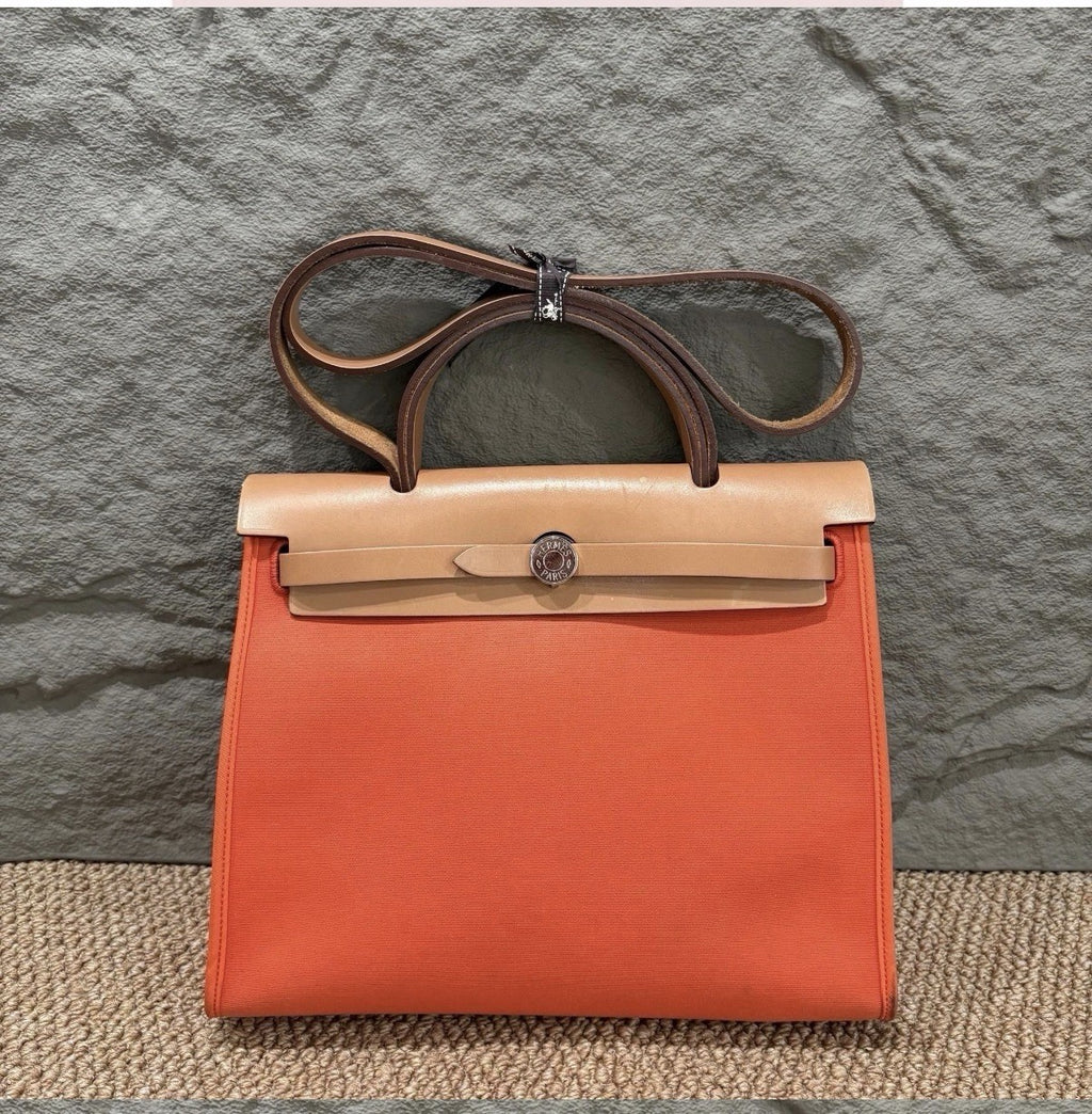 Authentic Hermès Herbag MM Canvas & Vache Hunter Leather Orange | 2-Way Bag