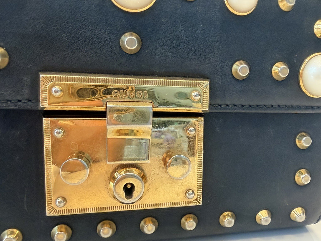 Gucci Pearl Studded Padlock Leather Shoulder Bag Black