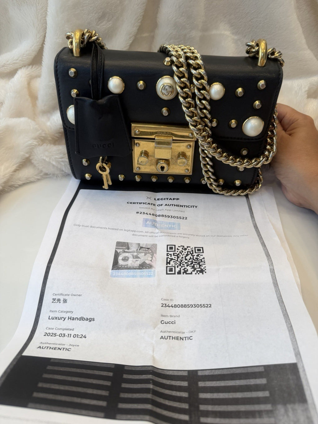 Gucci Pearl Studded Padlock Leather Shoulder Bag Black