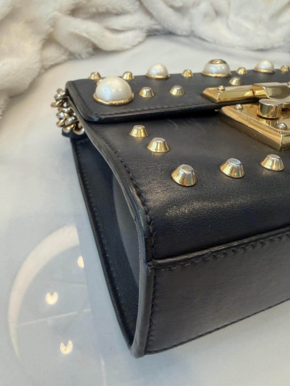 Gucci Pearl Studded Padlock Leather Shoulder Bag Black
