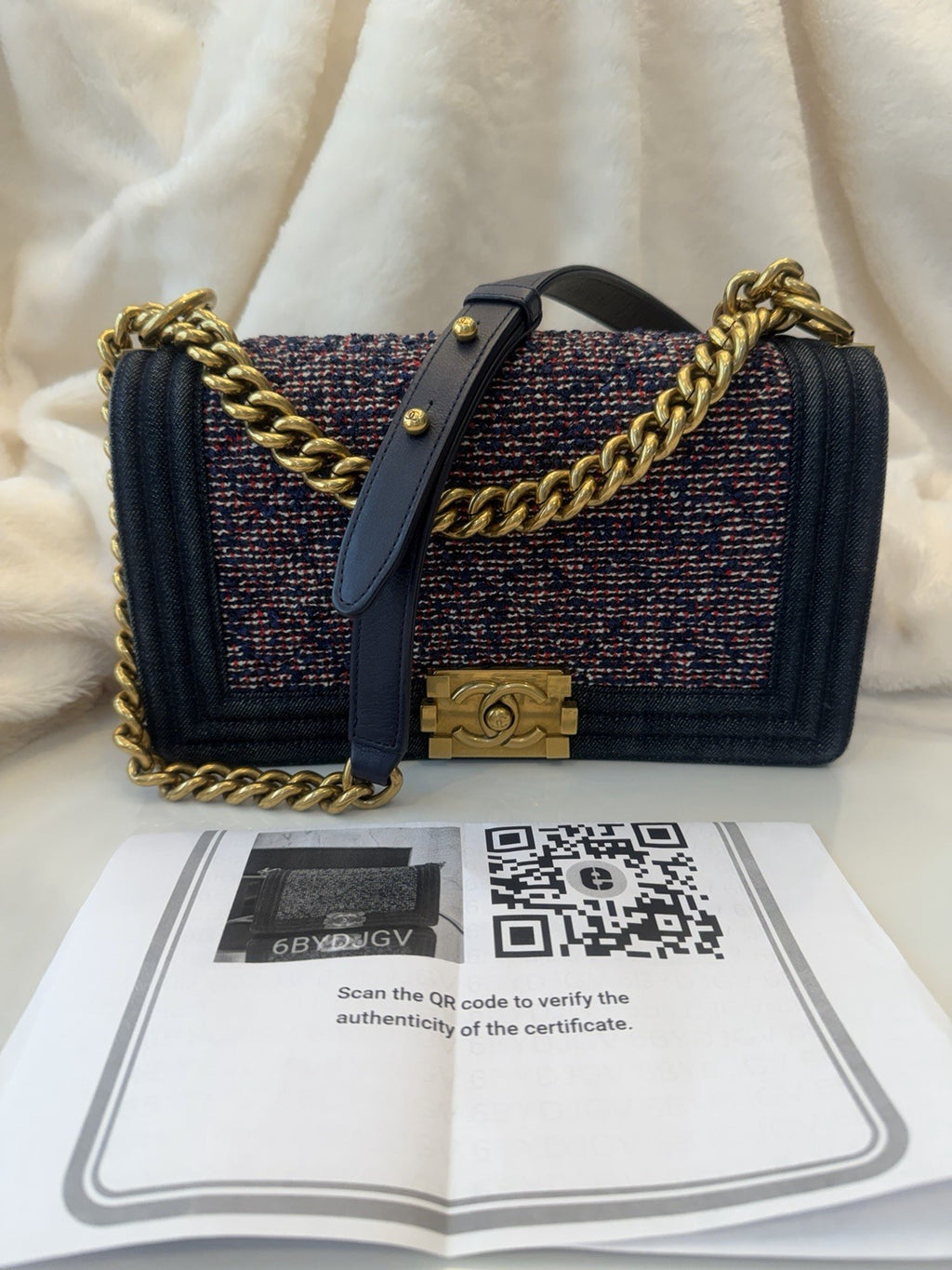 Medium Chanel Denim Quilted Tweed Boy Bag - purple