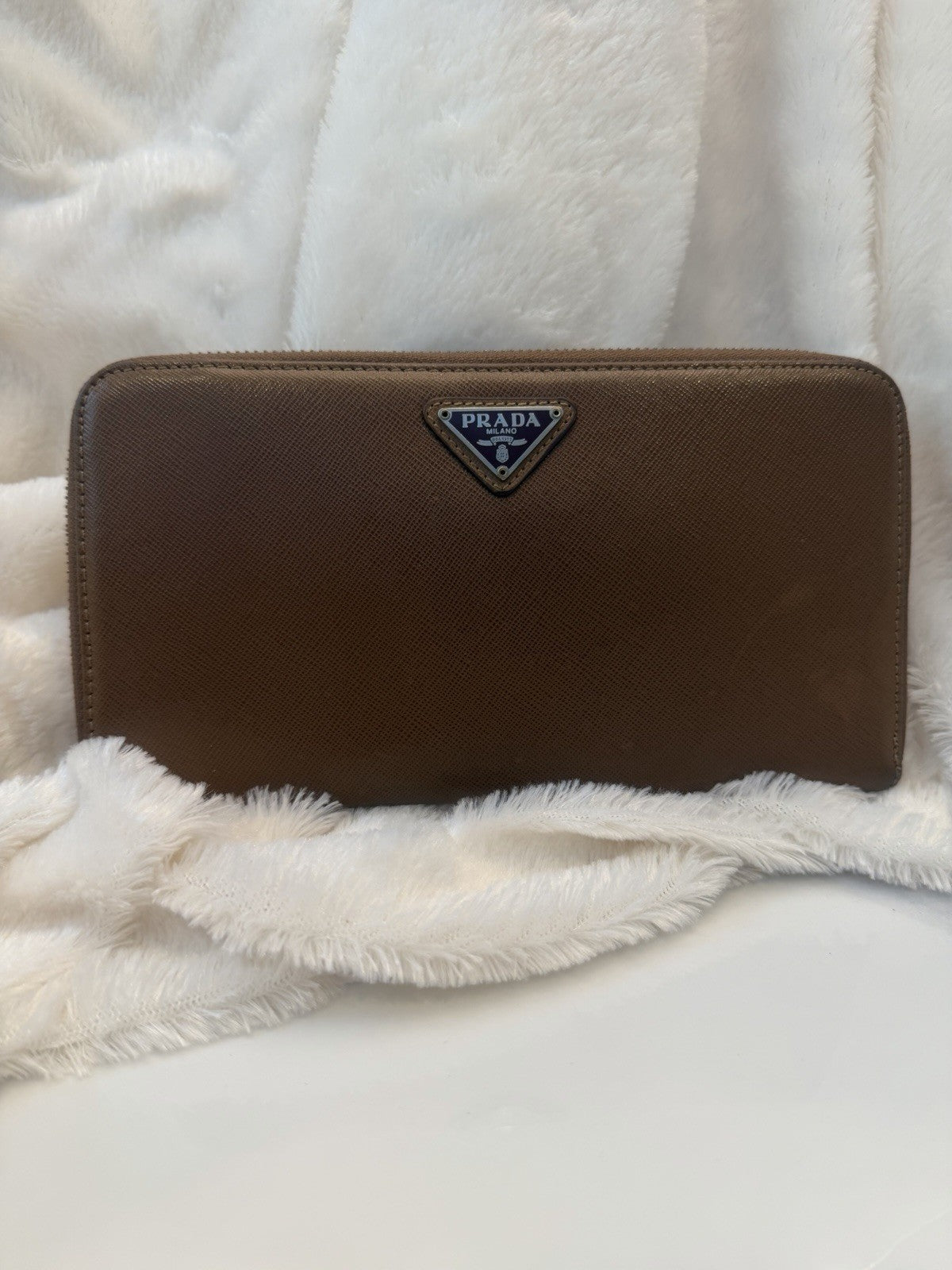 Prada Saffiano Leather Zip Around Wallet – Caramel Brown