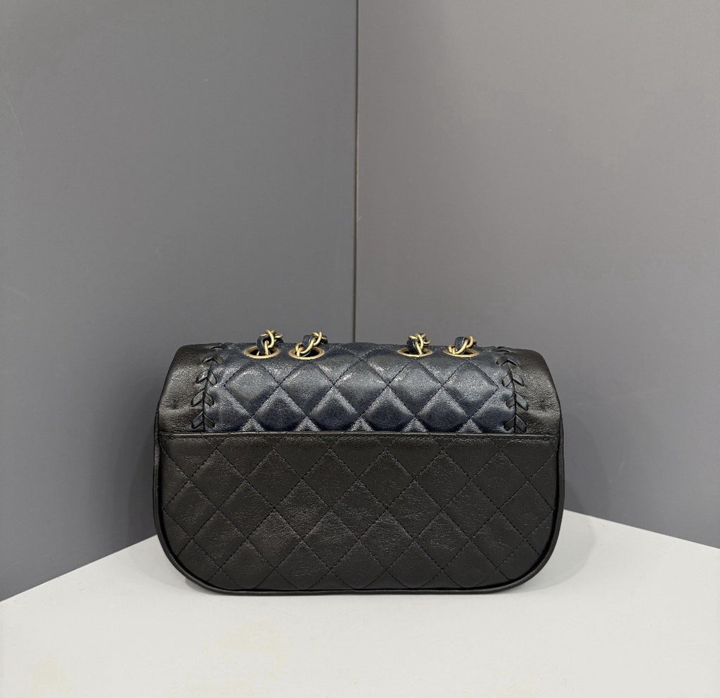 Authentic Chanel Lambskin Blue Black Diamond Quilted Shoulder Bag 2018