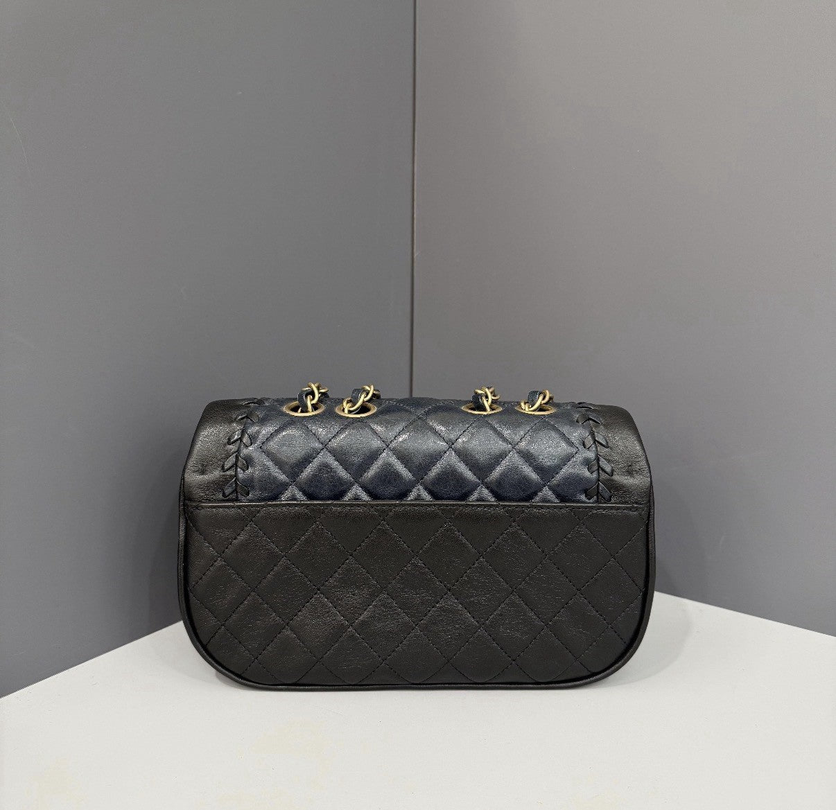 Authentic Chanel Lambskin Blue Black Diamond Quilted Shoulder Bag 2018