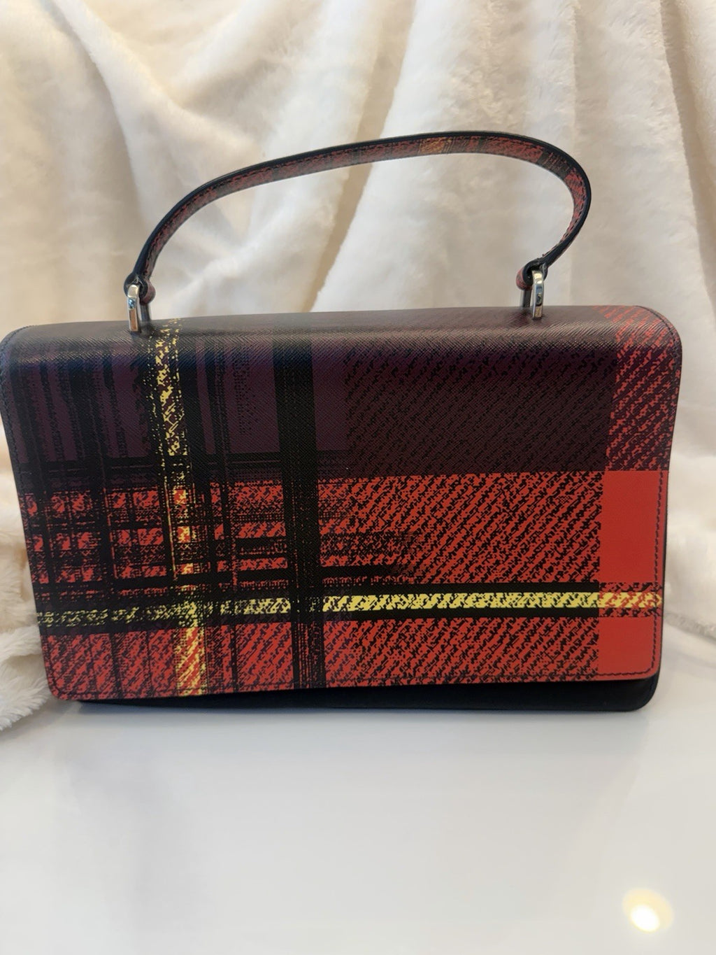 Prada tartan Saffiano Top Handle Red plaid/black Canvas