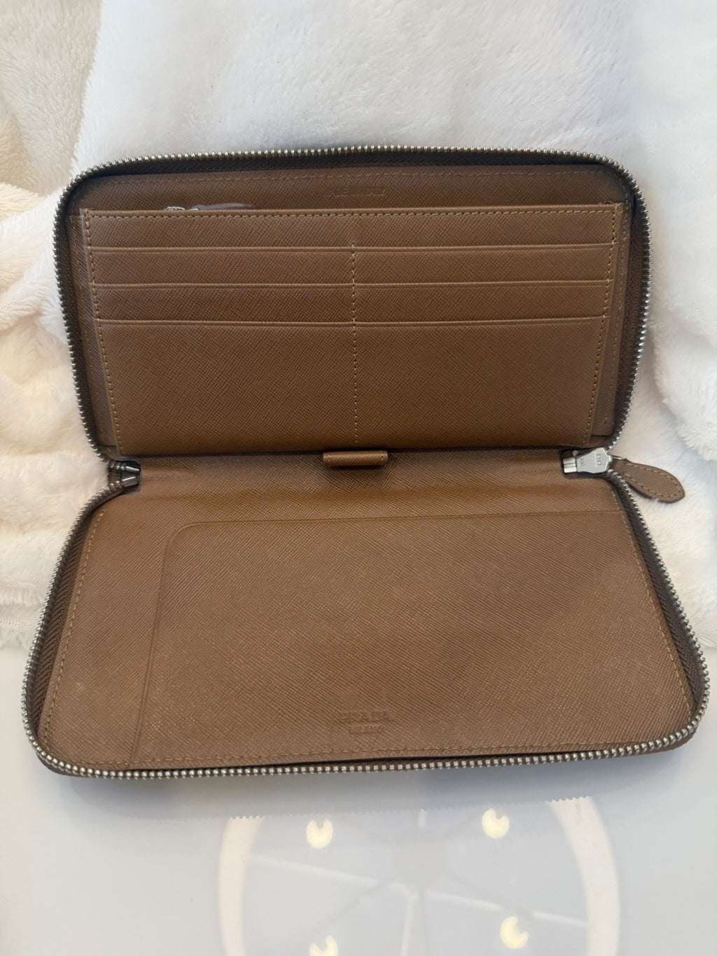 Prada Saffiano Leather Zip Around Wallet – Caramel Brown