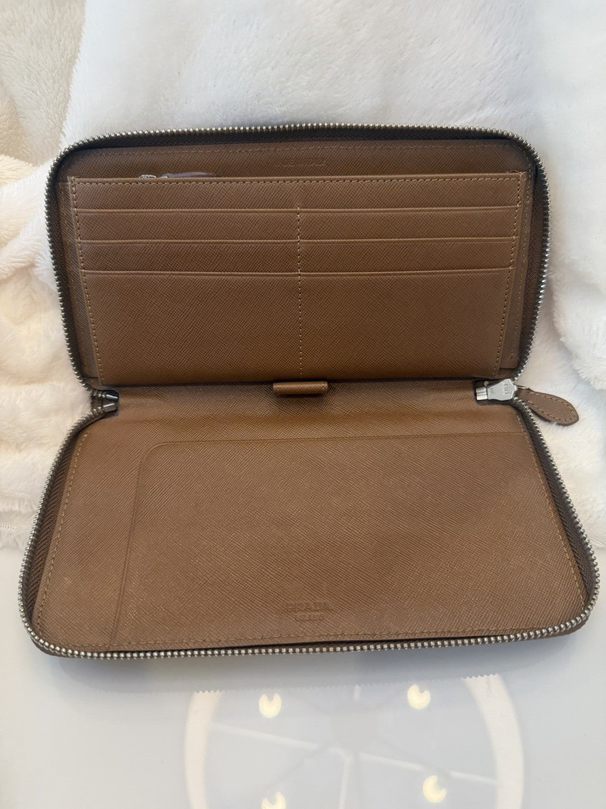 Prada Saffiano Leather Zip Around Wallet – Caramel Brown