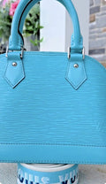 Authentic Louis Vuitton Alma Bag BB Cyan Blue Leather w/Genuine LV Guitar Strap