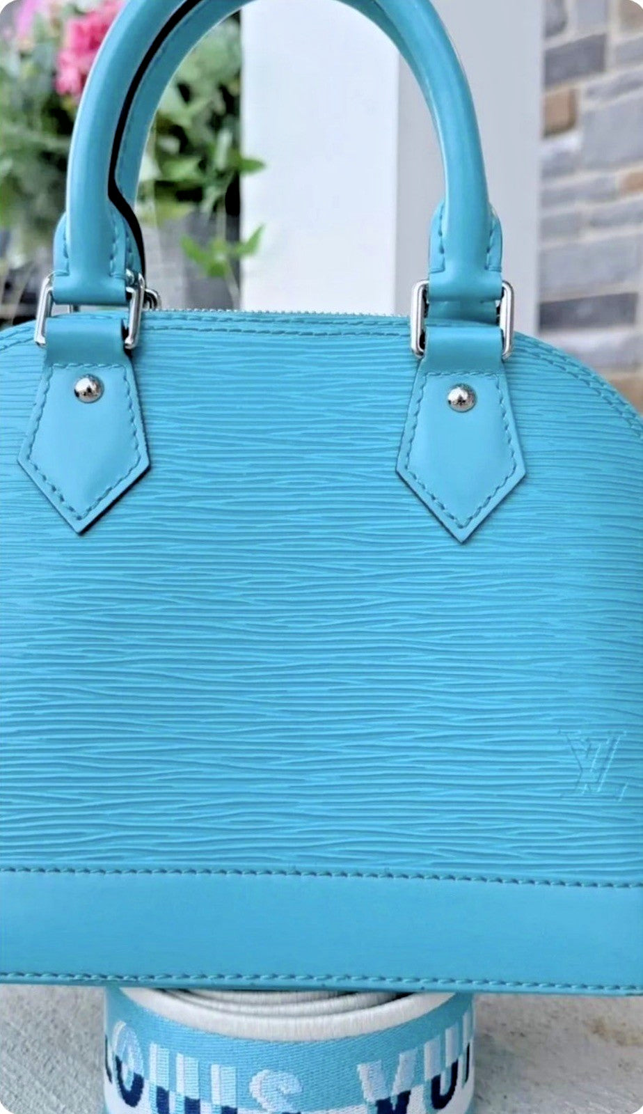 Authentic Louis Vuitton Alma Bag BB Cyan Blue Leather w/Genuine LV Guitar Strap