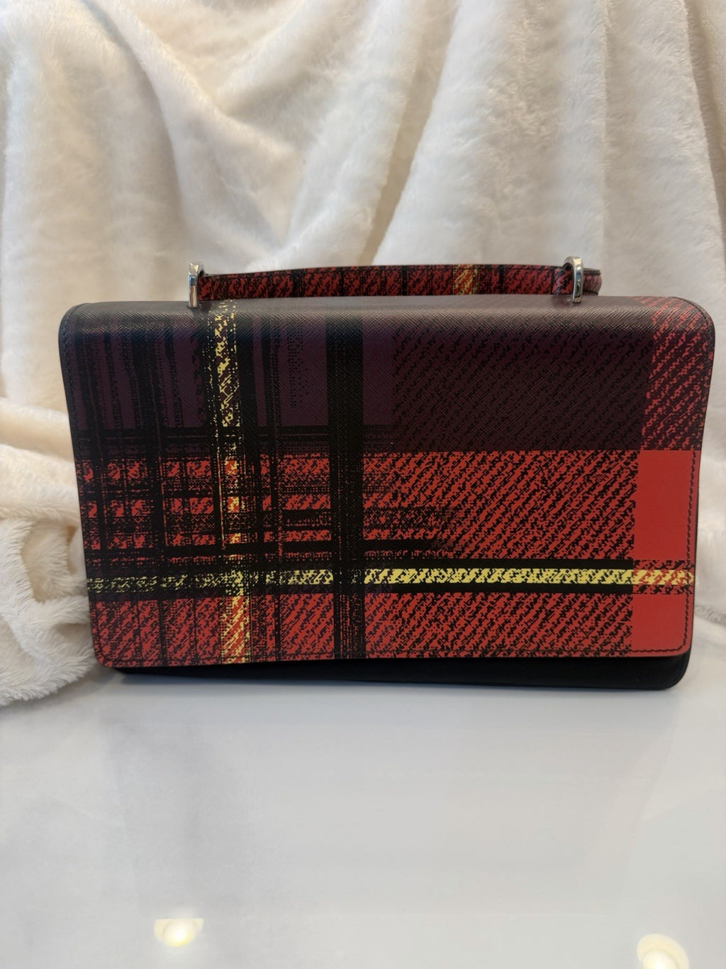 Prada tartan Saffiano Top Handle Red plaid/black Canvas