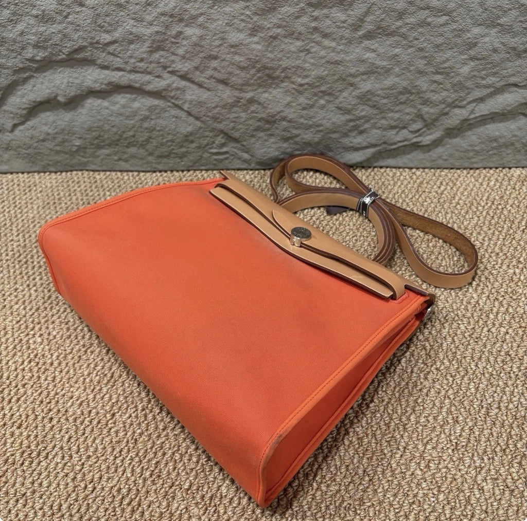 Authentic Hermès Herbag MM Canvas & Vache Hunter Leather Orange | 2-Way Bag