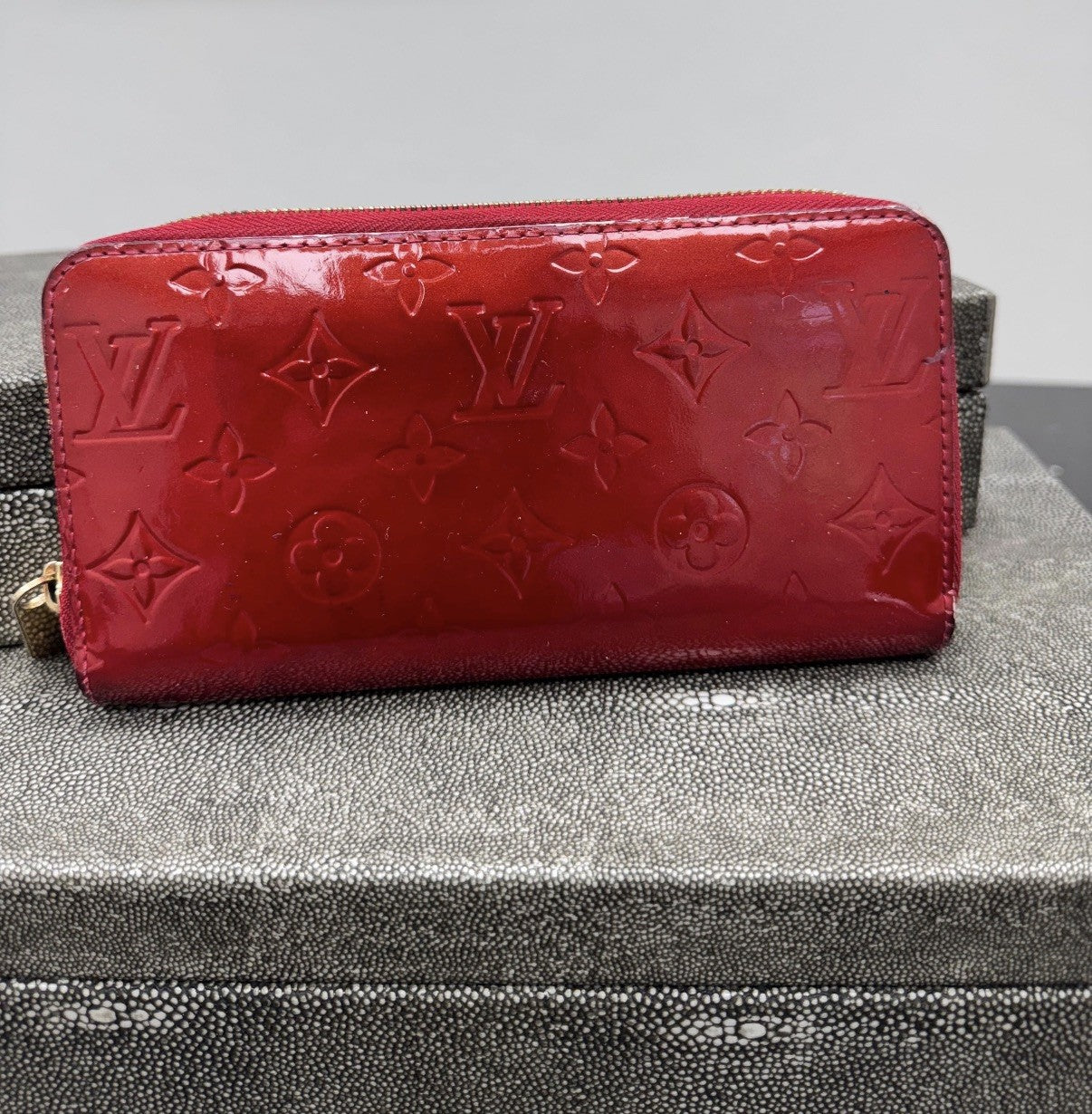 Authentic Louis Vuitton Monogram Vernis Red Zip Long Wallet