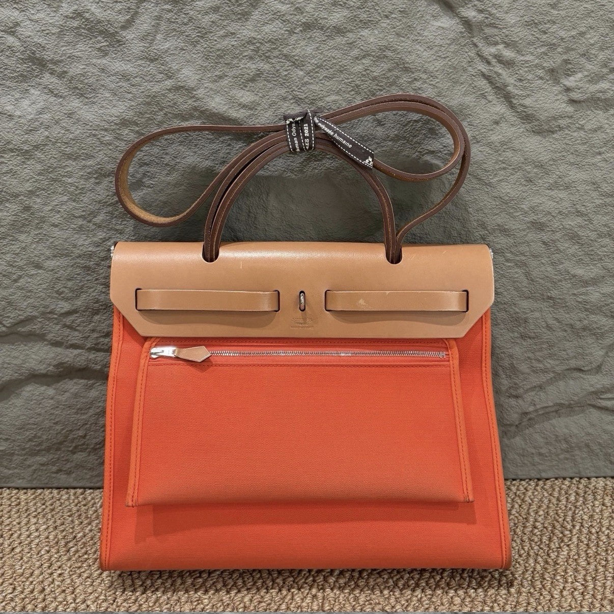 Authentic Hermès Herbag MM Canvas & Vache Hunter Leather Orange | 2-Way Bag
