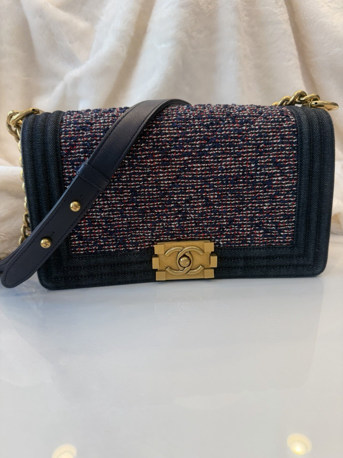 Medium Chanel Denim Quilted Tweed Boy Bag - purple