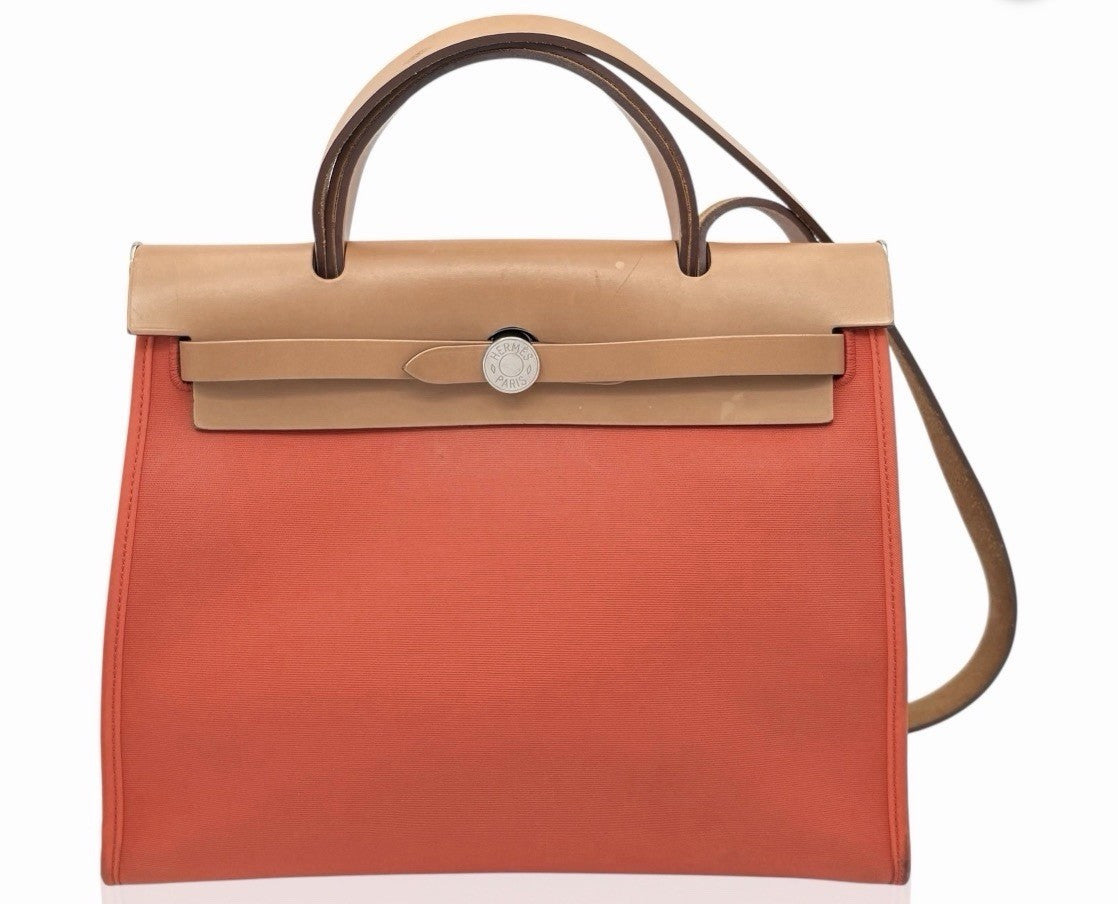 Authentic Hermès Herbag MM Canvas & Vache Hunter Leather Orange | 2-Way Bag