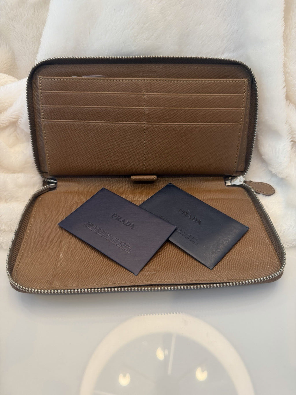 Prada Saffiano Leather Zip Around Wallet – Caramel Brown