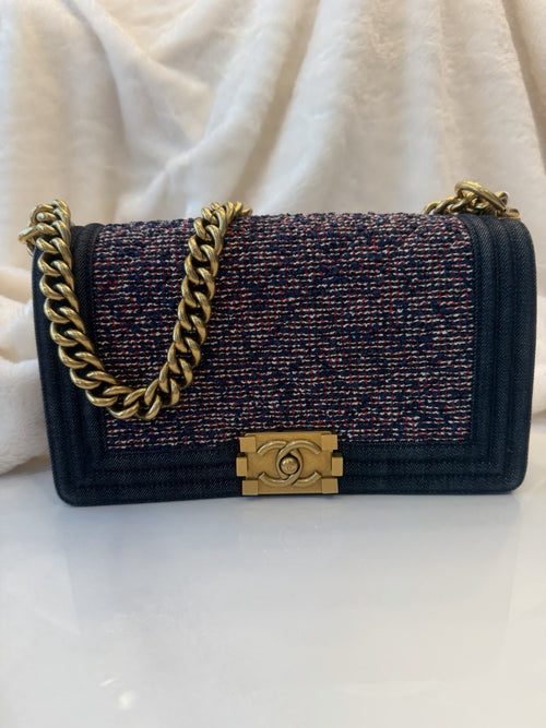 Chanel Medium Boy Bag Denim Quilted Tweed Navy Multi Karl Lagerfeld Collection Authenticated Pre-Owned