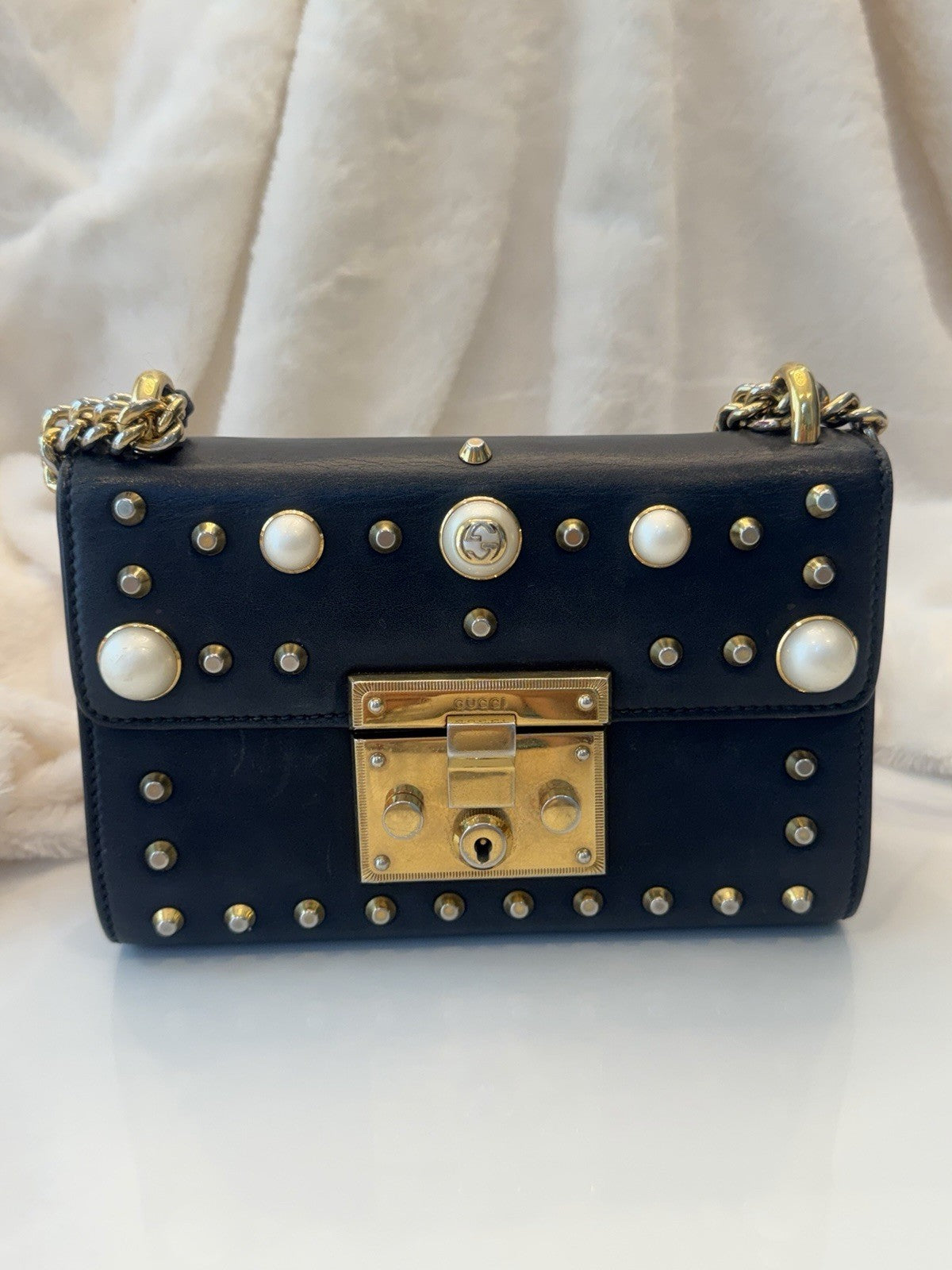 Gucci Pearl Studded Padlock Leather Shoulder Bag Black