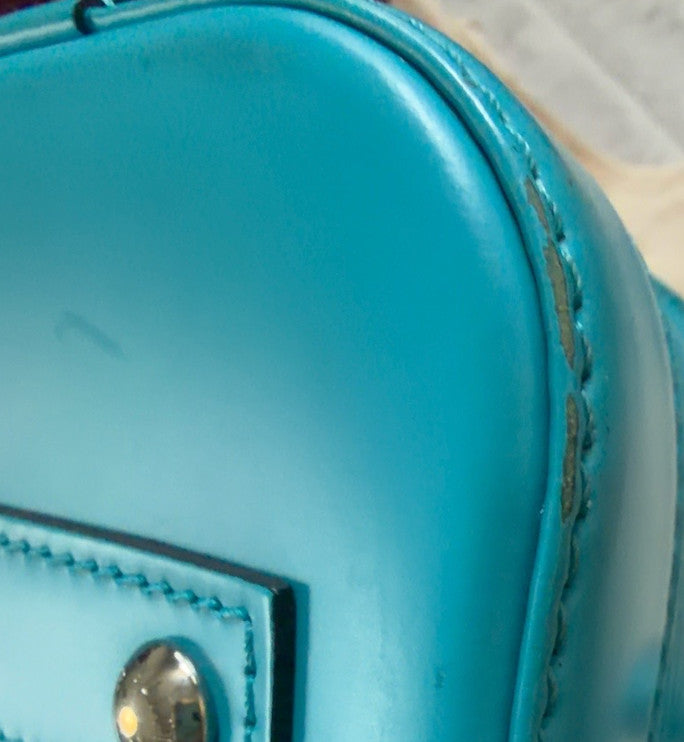 Authentic Louis Vuitton Alma Bag BB Cyan Blue Leather w/Genuine LV Guitar Strap