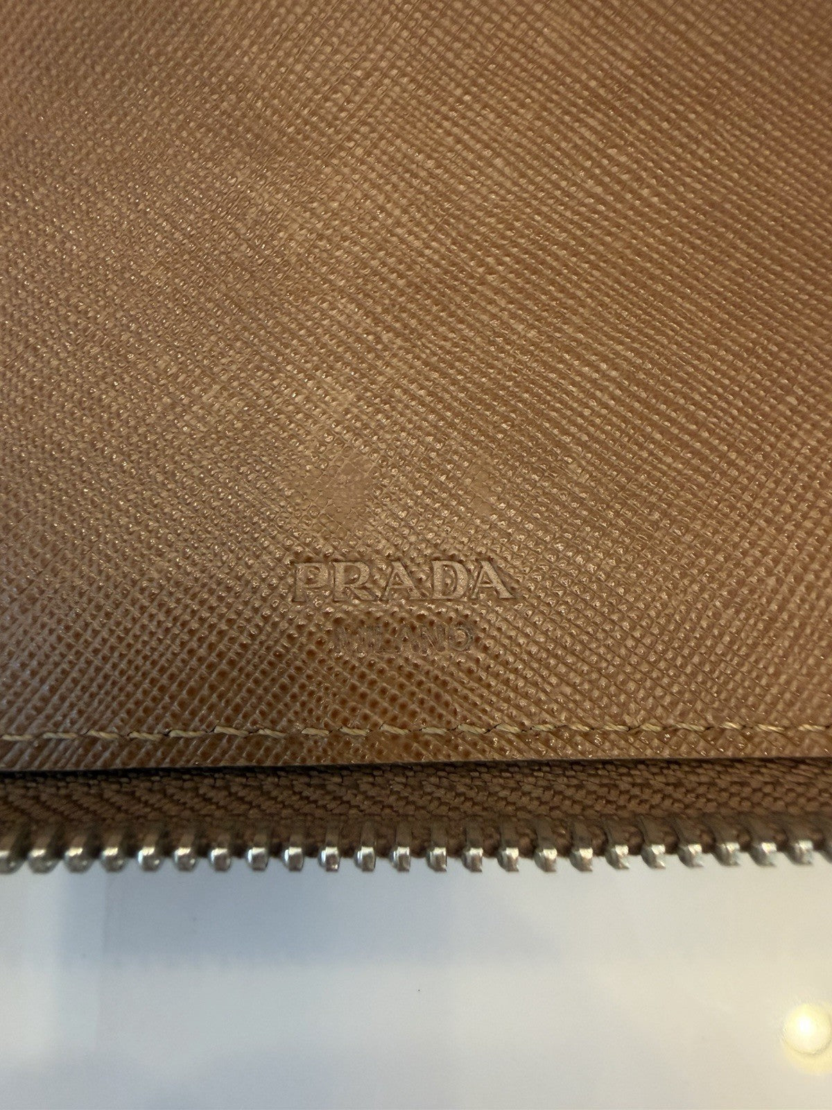 Prada Saffiano Leather Zip Around Wallet – Caramel Brown
