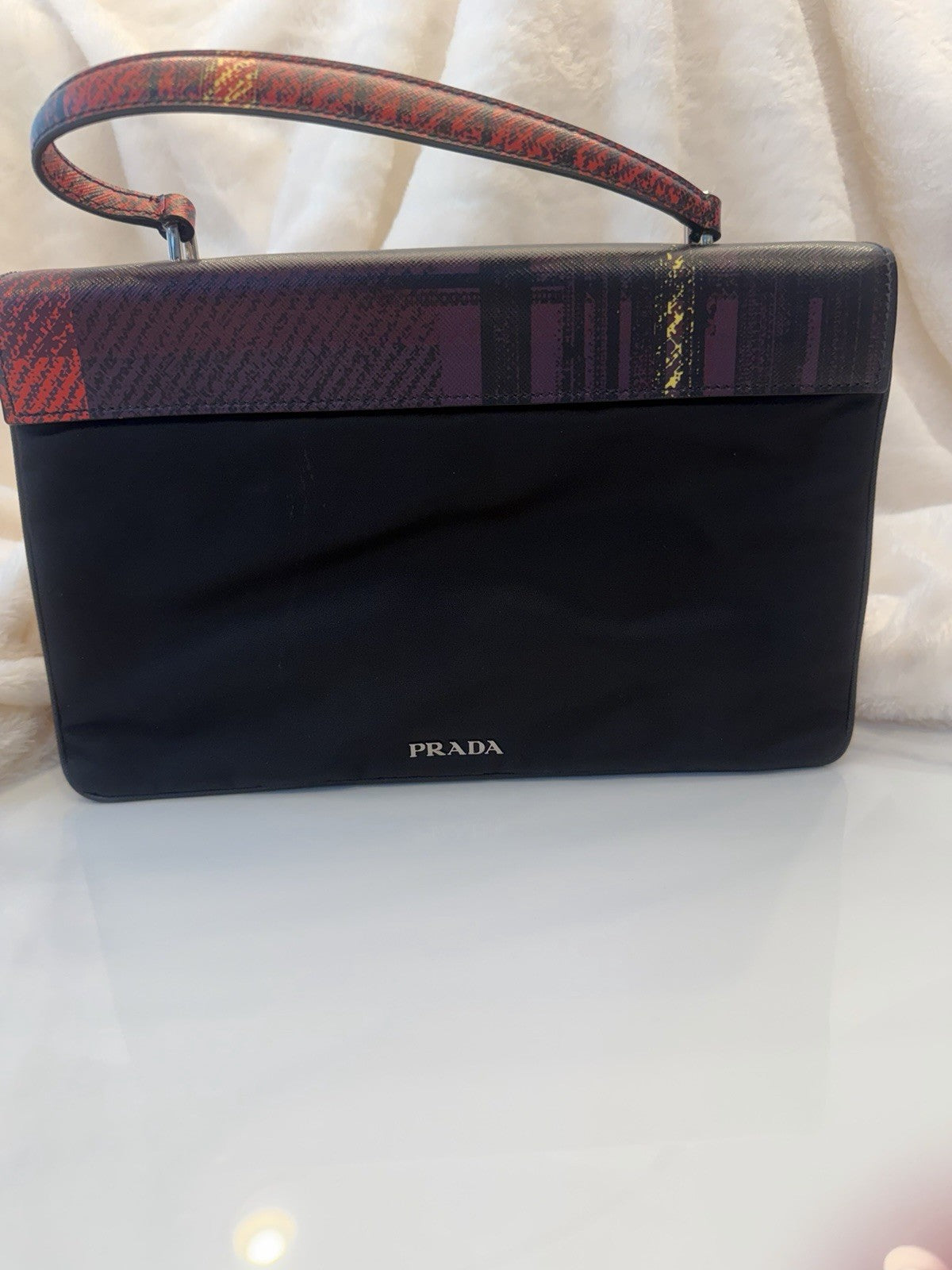 Prada tartan Saffiano Top Handle Red plaid/black Canvas