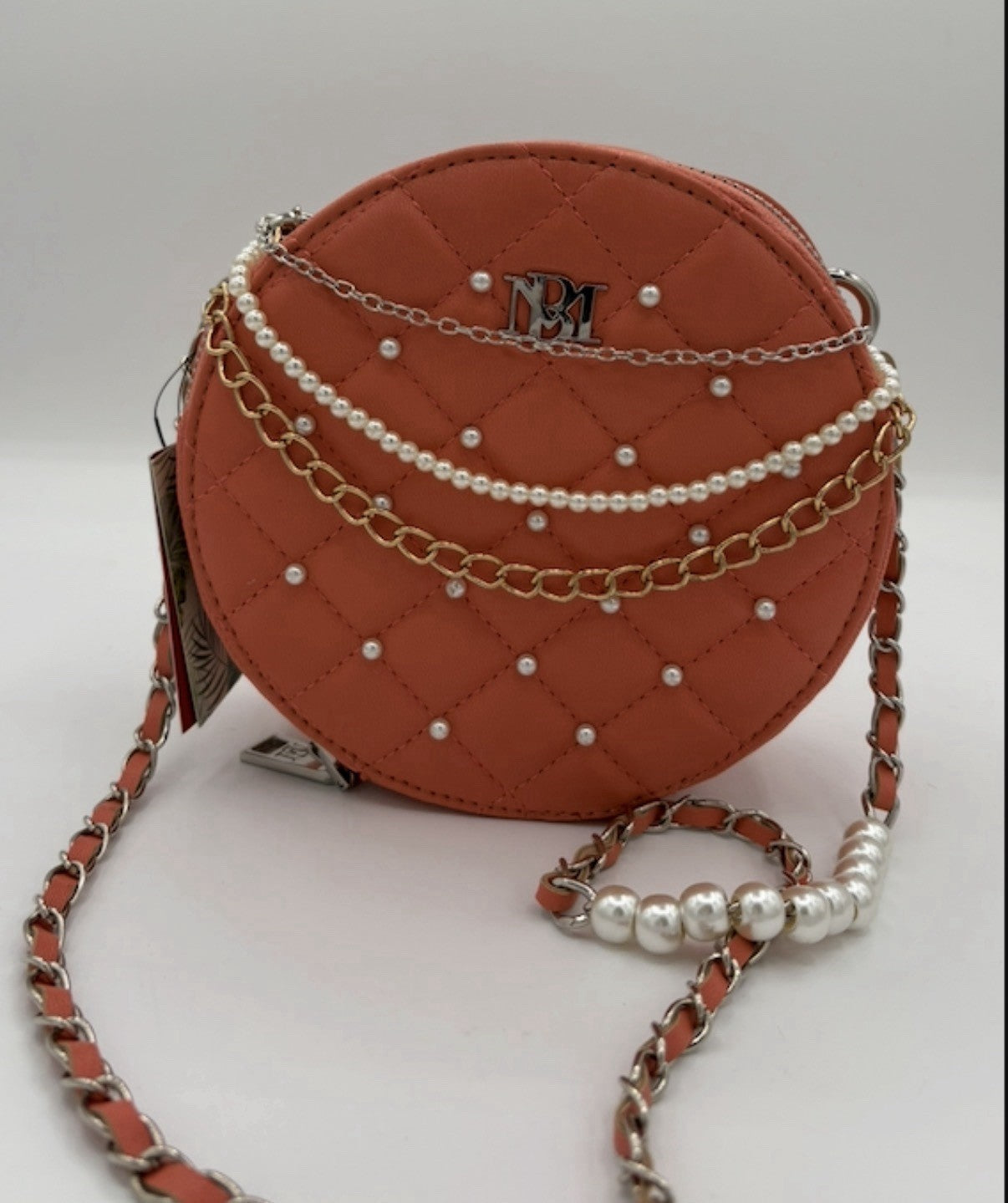 Badgley Mischka Orange Round Quilted Crossbody Bag Pearl Chain Detachable Strap